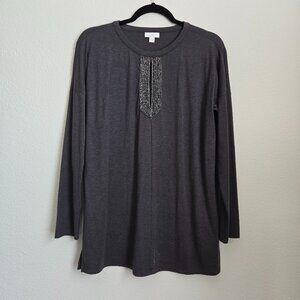 J. Jill Women's Sparkle Keyhole Neck Tunic Top Charcoal Gray Soft Size S